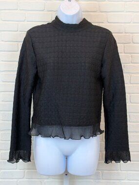 Blue Tassel Blouse Textured Mock Neck Ruffle Hem Black XS